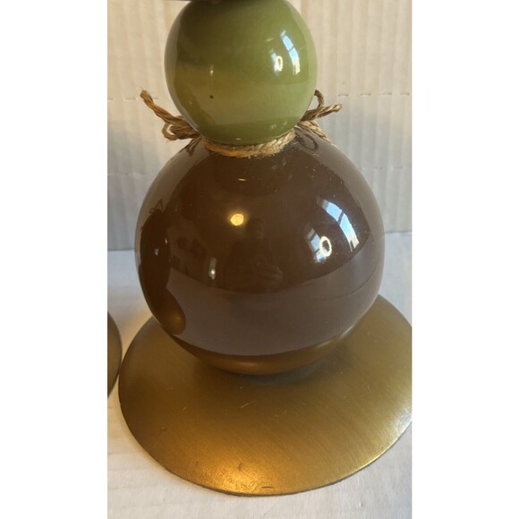 Vintage MCM Pillar Candle Holder Pair Green Brown Gold Stacked Round Minimalist - Picture 3 of 11